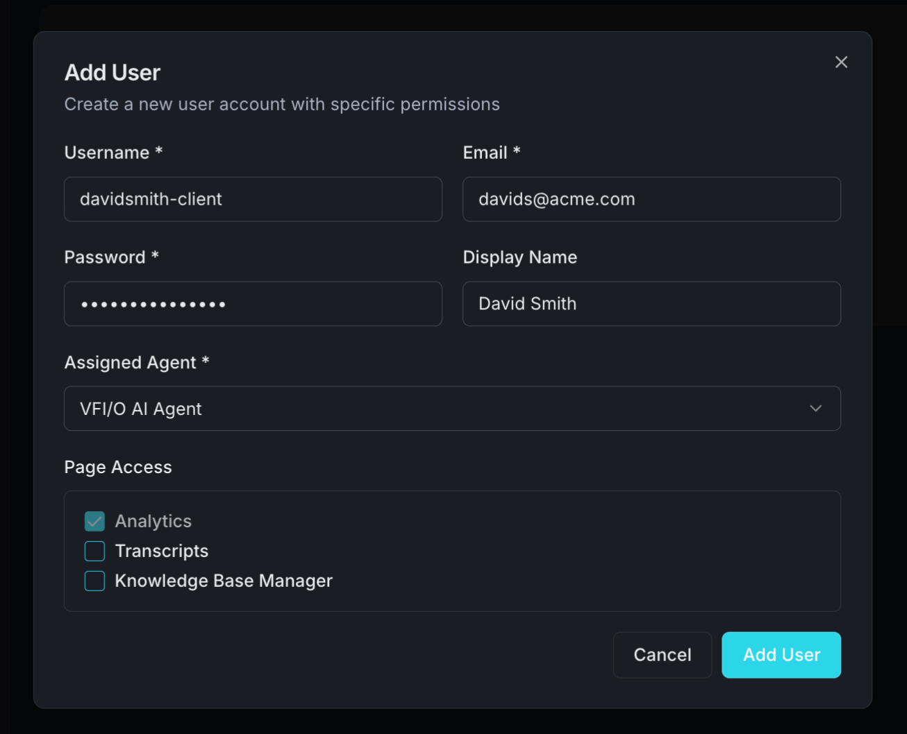 VFI/O User Management - Add User